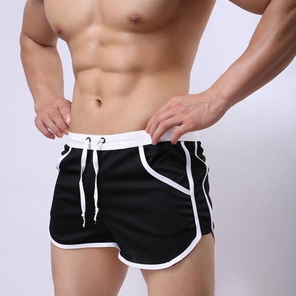 Men's Retro Gym Shorts Trunks with Pouch Black - Picture 2 of 5